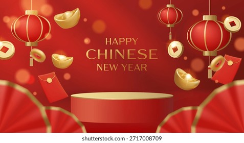 3D-Vektorgrafik des roten Podiums mit fröhlichem chinesischen Neujahrstext. Konzept für Mondfeiertag Hintergrund und Goldene Reichtum Feier. Luxus und Premium festliches Design Banner Vorlage.
