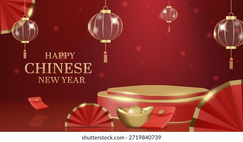3D-Vektorgrafik des roten Podiums mit Glaslaternen und Goldlüftern. Konzept für glückliches chinesisches Neujahrshintergrund und Wohlstandsfeier. Luxus- und Premium-Weihnachtsbanner.