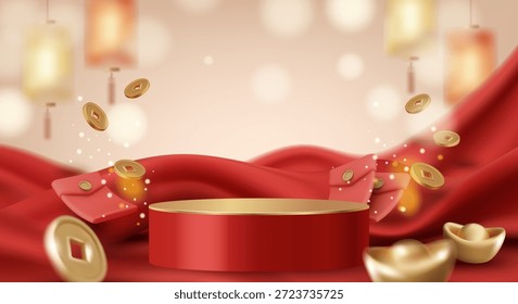 3D-Vektorgrafik von rotem Podium auf gewelltem Seidenstoff-Hintergrund. Konzept für chinesische Neujahrsausstellung mit fliegenden Goldmünzen und roten Umschlägen. Luxus und Premium festliche Design-Vorlage.