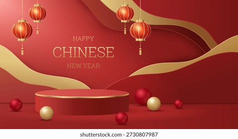 3D-Vektorgrafik von rotem Podium mit abstraktem wellenförmigem Hintergrund und hängenden Laternen. Konzept für glückliches chinesisches Neujahr Grußtext. Luxuriöses und hochwertiges festliches Urlaubsdesign.