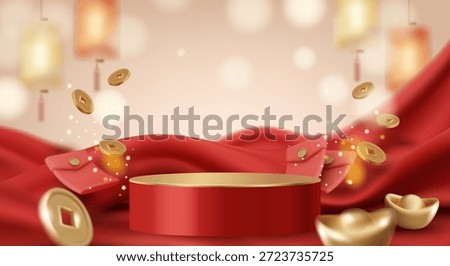 3D vector illustration of red podium on wavy silk fabric background. Concept for chinese new year product display with flying gold coins and red envelopes. Luxury and premium festive design template.