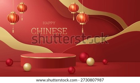 3D vector illustration of red podium with abstract wavy background and hanging lanterns. Concept for happy chinese new year greeting text. Luxury and premium festive holiday design template.