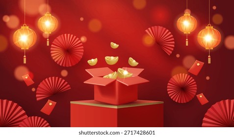 3D-Vektorgrafik des roten Produktpodiums mit offener Geschenkbox und fliegenden Goldbarren. Konzept für die chinesische Neujahrsfeier. Luxuriöse und Premium-festliche Feiertage Hintergrund Design-Vorlage.
