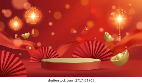 3D-Vektorgrafik des roten Produktpodiums mit chinesischen Laternen und fliegenden Goldbarren. Konzept für Mond-Neujahrsverkauf Hintergrund und Reichtum Feier. Luxus- und Premium-festliche Designvorlage
