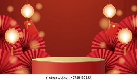 Ilustração vetorial 3D do pódio vermelho do produto com ventiladores de papel e lanternas suspensas. Conceito para fundo de venda de ano novo chinês e celebração de férias. Modelo de design festivo de luxo e premium.