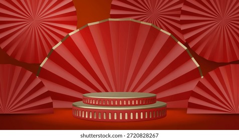 3D-Vektorgrafik von rotem Produktpodium mit großem Papierfächerhintergrund. Konzept für chinesische Neujahrsausstellung und Feiertage. Luxus und Premium festliche Design-Vorlage.