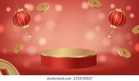 3D vector illustration of red product podium with floating gold coins and hanging lanterns. Concept for chinese new year sale background. Luxury and premium festive design template.