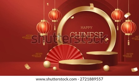 3D vector illustration of red product podiums with gold circle frame and happy chinese new year text. Concept for lunar holiday background celebration. Luxury and premium festive design template.