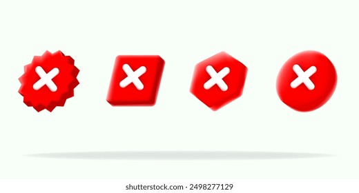 3d vector illustration, Red "X" icons in various shapes, perfect for indicating errors, cancellations, or rejections.