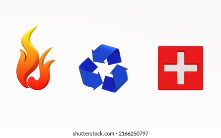 3D Vector Illustration Of Red And Yellow Fire Icon, Blue Trash Can And Hospital Plus With White And Red Plus Sign Outside