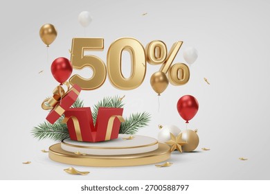 ilustração vetorial 3D renderização de 50% de desconto com presente aberto, balões de ouro e vermelho, ramos de abeto decorados na atmosfera de Natal. Conceito de promoção de venda de férias, atração do cliente, celebração.