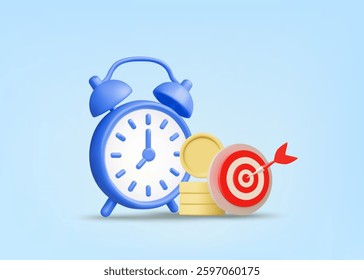 3D Vector Illustration Render of Alarm Clock Icon, Goal and Stack of Coins. Concept of setting clear financial goals, disciplined saving and investing to achieve future financial goals.