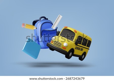 3D vector illustration render of a blue school bag containing pencils, notebooks, rulers and a yellow school bus for educational materials, back to school posters or back to school concepts.