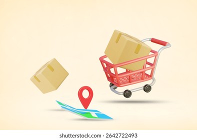 3D Vector Illustration Render of a Cart Loading Parcel Boxes Floating with Map and Coordinates Pins. Concept of Delivery Service, Location Tracking and Logistics in Ecommerce.