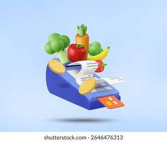 3D Vector Illustration Render Cash Register with Fresh Fruits and Vegetables, Broccoli, Apple, Carrot, Banana, Coins, Receipt and Credit Card. Cashless Payment Concept in Store or Online.