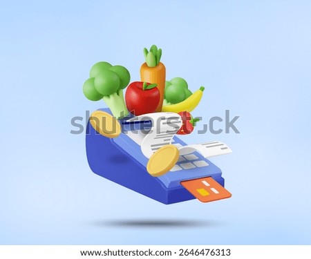 3D Vector Illustration Render Cash Register with Fresh Fruits and Vegetables, Broccoli, Apple, Carrot, Banana, Coins, Receipt and Credit Card. Cashless Payment Concept in Store or Online.