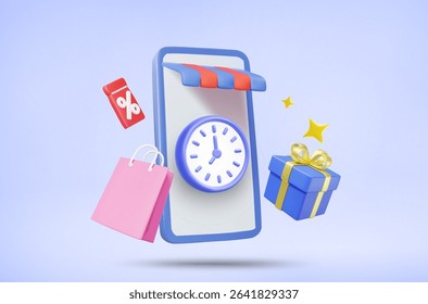 3D Vector Illustration Render of Clock in Front of Mobile Phone Online Store, Shopping Bags, Gift Box and Floating Discount Coupon. Fast Shopping, Limited Time Offer and Flash Sale Concept.