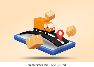 Renderizado de Ilustración vectorial 3D de camión de entrega en smartphone con pin de mapa y caja voladora. Concepto de transporte y logística en línea. Seguimiento de entrega móvil. Servicio. Comercio electrónico.