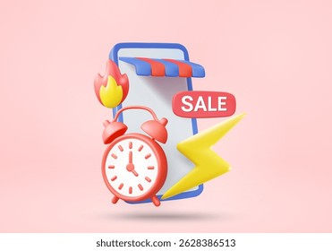 Ilustração De Vetor 3D Renderiza O Comércio Eletrônico Mostrando A Loja Móvel Online. Sinal De VENDA Na Tela Com Relógio Despertador, Ícone De Fogo E Raio. Conceito De Desconto Especial Por Tempo Limitado. Flash Sale.