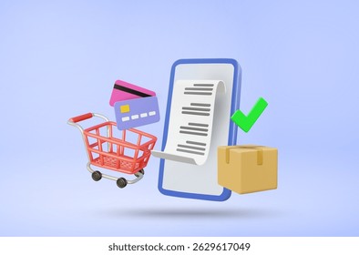 3D Vector Illustration Render Ecommerce Showing Mobile Screen With Receipt, Parcel Box And Check Mark With Shopping Cart And Credit Card Concept Successful Order, Payment, Online Shopping