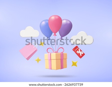 3D Vector Illustration Render of Gift Box with Floating Balloons, Discount Coupon, Shopping Bag, Star Ornament and Cloud. Celebration Concept, Promotion, Discount Event on Online Shopping Platform.