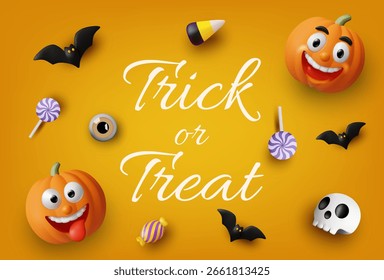 3D vector illustration render of Halloween banner poster with Trick or Treat text. Cute and funny icons. Funny pumpkin face, colorful candies, bats, candy eyes, skulls and eyeballs with blank space.