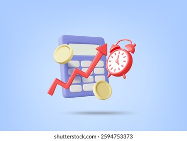 3D Vector Illustration Render Icon of Calculator, Alarm Clock, Coins and Up Arrow. Concept of Financial Planning and Business Growth, Budget Management, Investment and Efficient Use of Financial Time.