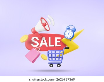 3D Vector Illustration Render of Large SALE Sign in the Middle of the Image, Cart, Alarm Clock, Gold Coins, Lightning Symbol and Megaphone. Fast Discount Promotion Concept, Flash Sale Sales Boost.