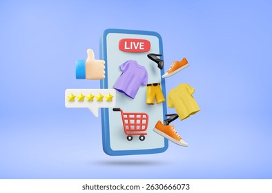 3D Vector Illustration Render Live Online Shopping Showing Live Sign On Mobile Screen With Cart, Clothes, Shoes, Pants, 5 Stars And Excellent Or Like Icon. Online Shopping Concept, Promote, Rating.