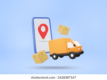 3D Vector Illustration Render Logistics and Ecommerce Showing Coordinate Pin on Mobile Screen with Delivery Truck and Parcel Box. Concept of Parcel Tracking System and Digital Fast Delivery Service.