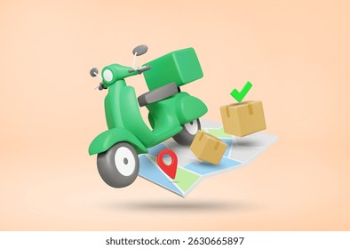 3D Vector Illustration Render Logistics and Delivery Showing Cargo Scooter on Map, with Parcel Box, Check Mark and Coordinate Pin. Fast Delivery Concept, Destination Check, Online Shopping.