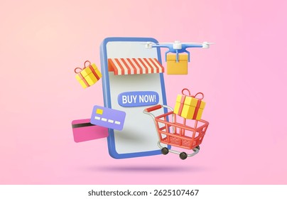 3D Vector Illustration Render of Mobile Shop, Showing BUY NOW Sign, Drone Transporting Parcel Box, Shopping Cart, Gift Box and Credit Card, Online Shopping Concept, Ordering and Delivery.