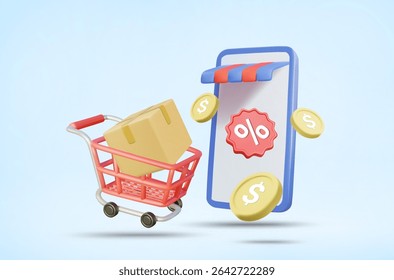 3D Vector Illustration Render of Mobile Shop with Shopping Cart, Parcel Box, Dollar Coins and Floating Discount Percentage Sign. Online Shopping Concept, Ordering, Promotion and Payment via Phone.