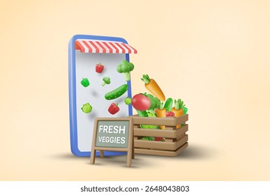 3D Vector Illustration Render Mobile Phone Shop with Wooden Crates with Fresh Vegetables, Carrots, Broccoli, Tomatoes, Cucumbers, Bell Peppers with Fresh Veggies Sign. Order Quality Vegetables Online.