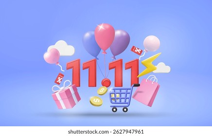 3D Vector Illustration Render Online Shopping and Special Promotion. Big Sale or Flash Sale. 11.11 Sign, Cart, Balloon, Lightning, Shopping Bag, Gift Box, Discount Coupon, Cloud Decoration and Coin.