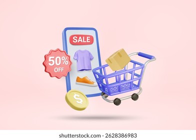 3D Vector Illustration Render Online Shopping Showing Mobile Screen with SALE Sign with Products Clothes and Shoes Cart, Parcel Box, Coins and 50% OFF Sign. Special Discount Concept. Payment