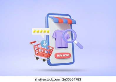 3D Vector Illustration Render Online Shopping Showing Mobile Shop T-shirt On Screen With BUY NOW Sign, Search Magnifying Glass, Cart, Download Arrow And 5 Star Sign. Comparison And Order Concept.