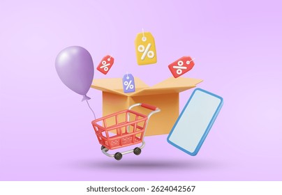 Ilustração vetorial 3D Renderização de caixa de pacote aberto com sinal de desconto flutuante, telefone celular, carrinho de compras e balões. Conceito de compras online. Promoção de desconto, negócio especial em e-commerce.