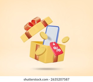 3D Vector Illustration Render of Opened Gift Box, Inside is a Mobile Phone with Gold Coins and Floating Discount Coupons. Concept of Rewards, Promotions and Special Deals for Shopping, Online Shopping
