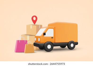 3D Vector Illustration Render of Orange Delivery Truck with Parcel Box and Shopping Bag with Location Pins. Concept of Freight Forwarding, Ecommerce and Destination Tracking.