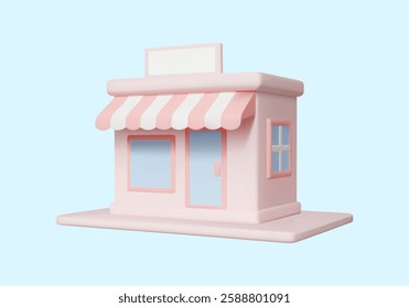 3D Vector Illustration Render Pink Shop Icon Minimal Style with Storefront Sign and Awning Separated on Light Background for Ecommerce Business, Marketing, Graphic Design, Banner, Advertising