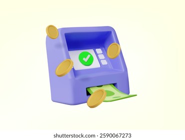 3D vector illustration render of purple ATM icon with check mark, with bills being paid and coins floating. Concept of successful convenient and safe financial transaction. Cash deposit and withdrawal