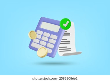 3D Vector Illustration Render Purple Calculator Icon with Coins, Receipt and Check Mark. Financial Calculation and Accuracy Concept. For Accounting, Budget Management, Financial Data Analysis,Business