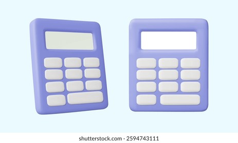 3D vector illustration render of purple front and side view calculator icon with white button isolated on light blue background. For finance, accounting, education, calculation, planning.