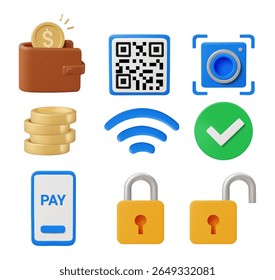 3D Vector Illustration Render Set of Digital Payment and Usage Icons. Wallet, Coin, QR Code, Camera Button, Stacked Coins, Wi-Fi Signal, Green Verify Button, Mobile Pay Button, Lock and Padlock.