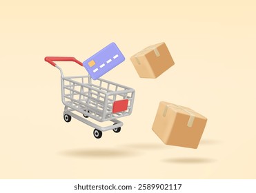 3D Vector Illustration Render Shopping Cart Icon With Credit Card And Package Box Floating On Cream Background For Ecommerce Concept, Online, Financial Transaction, Shipping, Digital Payment.