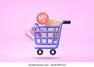 3D Vector Illustration Render of Shopping Cart with Gift Box, Shopping Bags and 50% OFF Sign on Top of Cart. Online Shopping Concept or Big Sale Promotion.