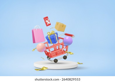 3D Vector Illustration Render of Shopping Cart on Round Pedestal, Gift Box, Coupon, Shopping Bag, Parcel Box and Balloons, Gold Foil. Concept of Special Promotion, Sale,  Online Store Giveaway Event.
