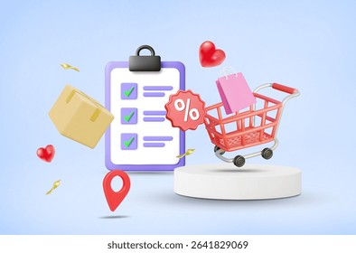 3D Vector Illustration Render Shopping Cart on Pedestal Surrounded by Shopping Bags, Hearts, Discount Percentage Signs, Checklist Documents, Parcels, Location Pins, Shopping Concept, Tracking Goods