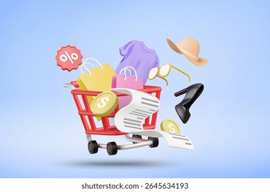 3D Vector Illustration Render Shopping Cart Full of Fashion Products T-shirts, Shoes, Hats, Glasses, Bags, Receipts, Coins, Discount Signs, Online Shopping Concept During Sale and Special Promotion.